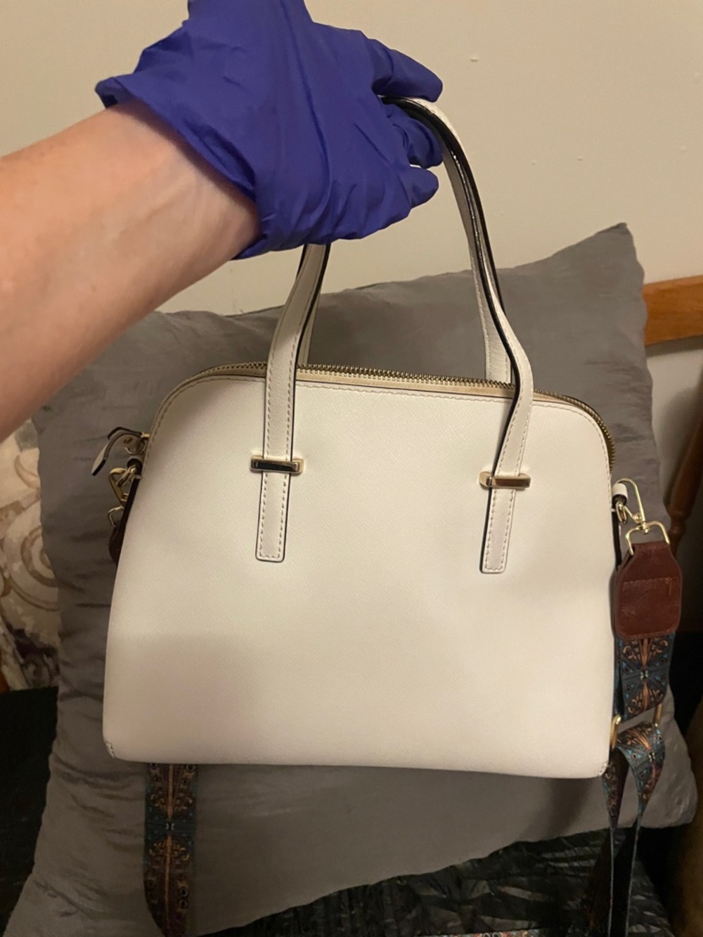 kate spade Cream Saffiano Leather Satchel with Patterned Strap - Picture 4 of 16